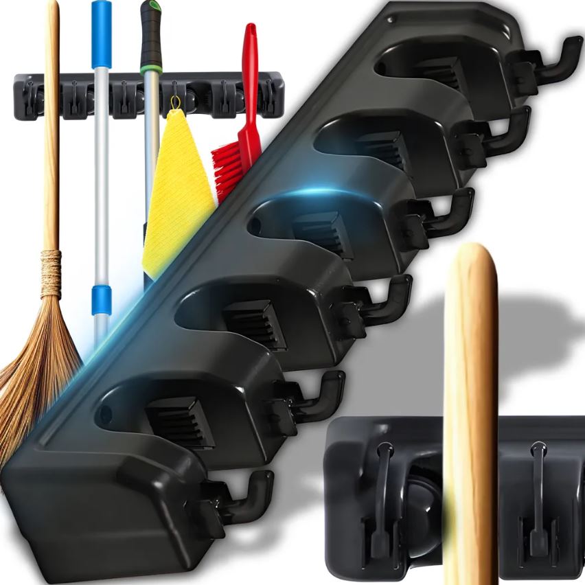Soporte de escobas para pared, colgador para escobas y fregonas con 6 ganchos, soporte de pared para herramientas