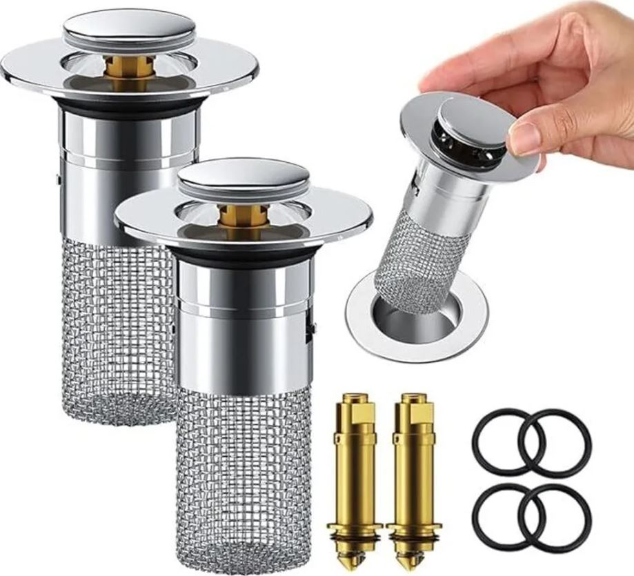 Juego de 2 tapones de lavabo con recogepelos, filtro de drenaje pop-up de acero inoxidable con cesta de filtro extraíble